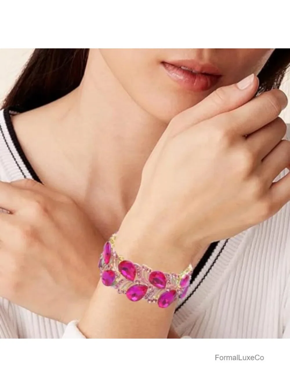 Elegant Stretch Bangle Bracelet Bridal Art Deco Teardrop Crystal Elastic Wide